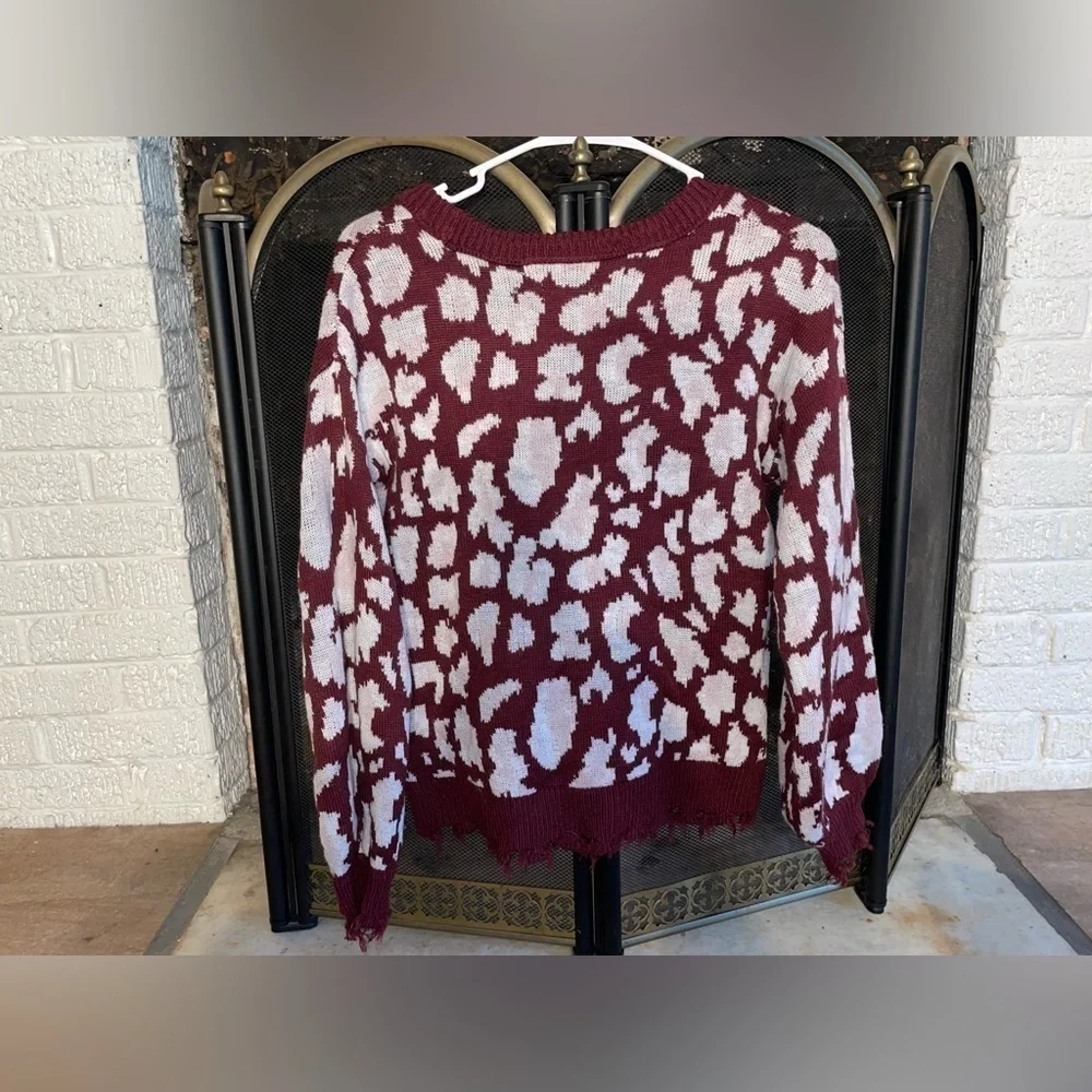 Burgundy Leopard Print Distressed Sweater | Grunge Y2K Cozy Chic | Sz S - Picture 8 of 9